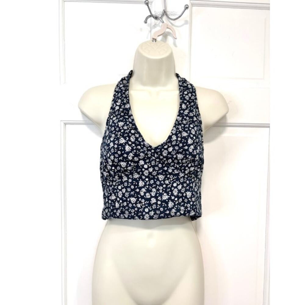 American Eagle Halter Crop Top Sz S Navy Floral Smocked‎ Festival Boho Summer
